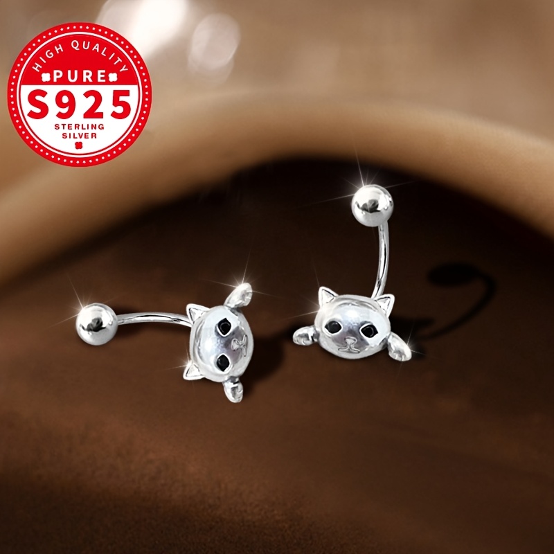 Women's S925 Silver Cat Curved Hook Screw Earrings — Adorable Design